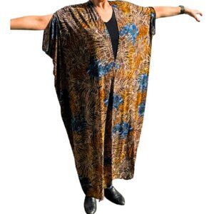 Jennafer Grace Blue Gold Animal Print Caftan Maxi Dress L/XL